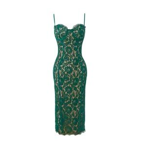 Green strapless lace midi dress